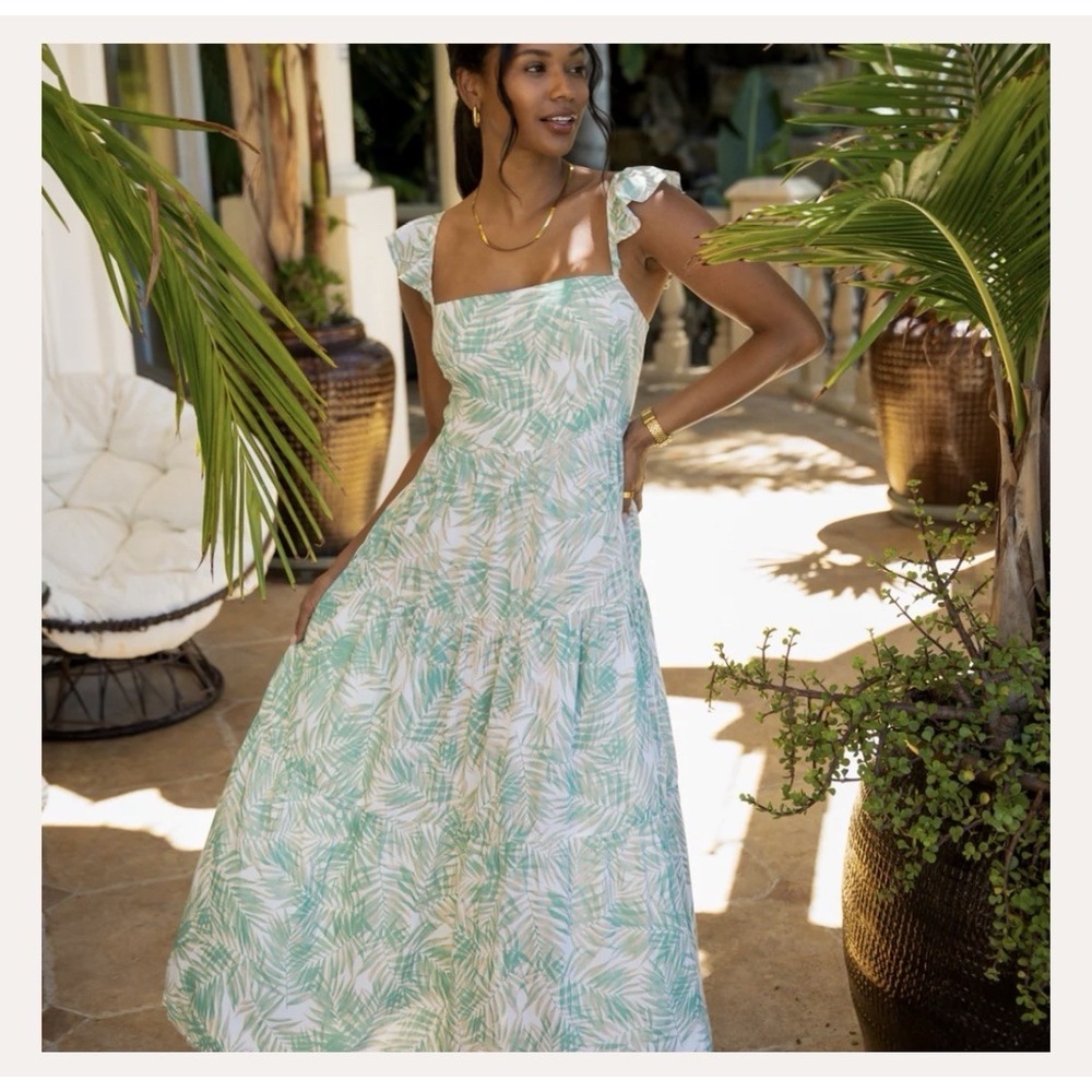 Kenny Flowers S BREEZY TROPICS Resort Dress Maxi Tiered Green Bali Beach Summer
